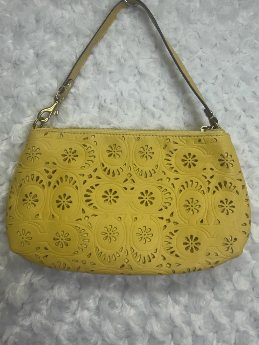 Coach Yellow Ashley Lace Laser-Cut Leather large convertible wristlet shoulder
